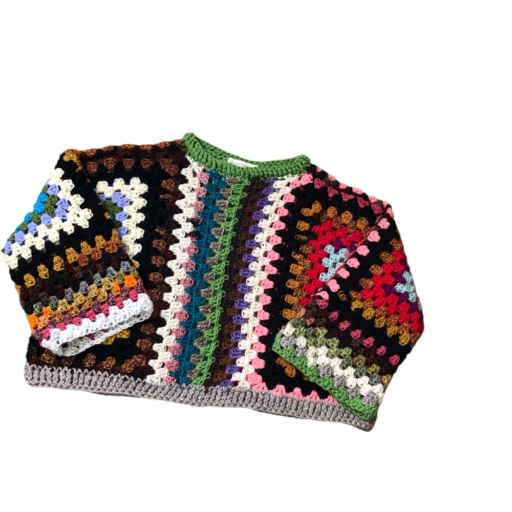 Multi-Color Artisan Cropped Pullover Bohemian Style Sweater - Picture 3 of 14